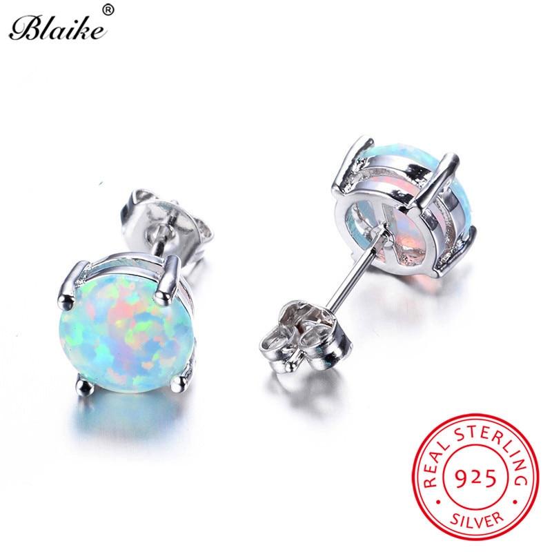 925 Sterling Silver White Fire Opal Stud Earrings for Women Fine Jewelry 8mm Round Stone Studs Birthstone Earrings