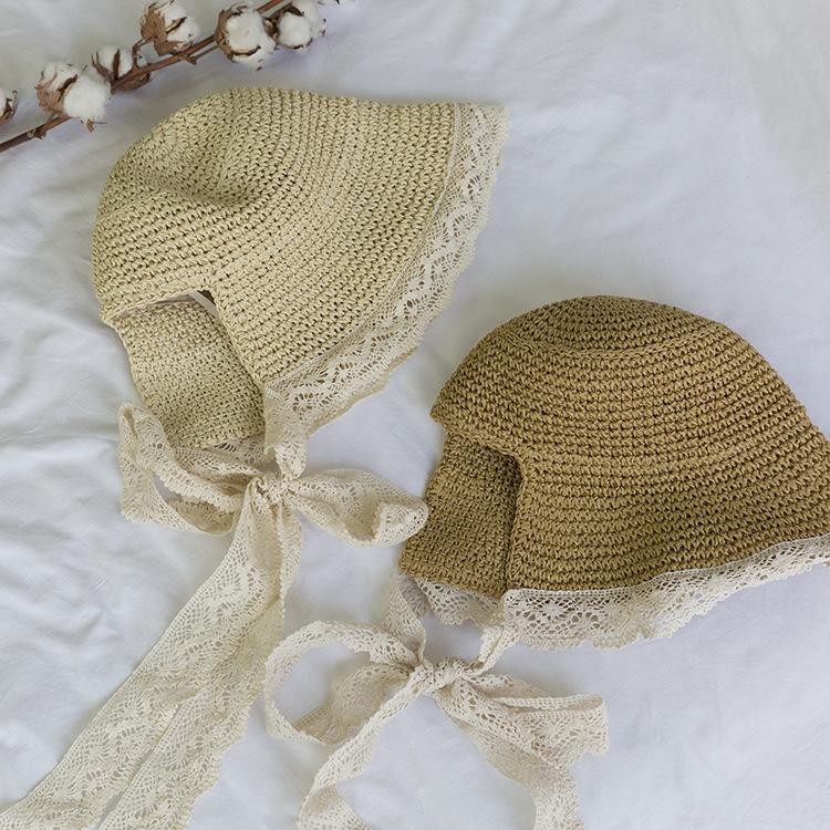 Соломенная шляпа женская летняя кружевная завязка пляжная шляпа маленькая свежая морской отдых солнцезащитный козырек шляпа завязка