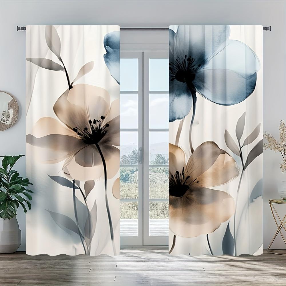 2-Pack Watercolor Floral Print Door Curtains - Polyester Fabric, Machine Washable, Suitable For Bedroom, Kitchen, Living Room