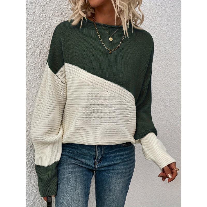 Womens Block Funnel Neck Pullover Sweater Soft High Elasticity Acrylic Knit Fabric Long Sleeve Drop Shoulder Design Perfect for Fall and Winter