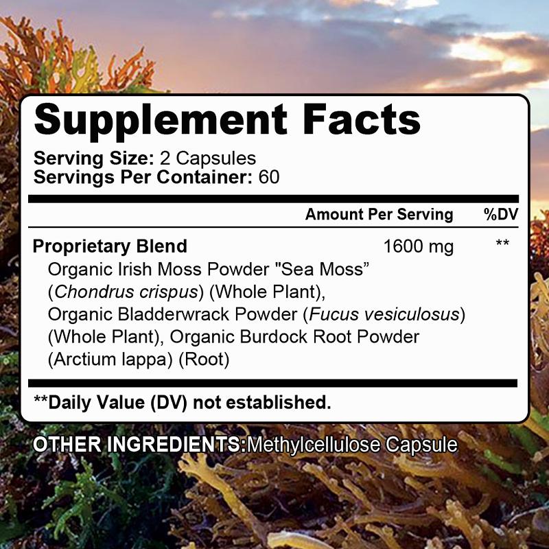Sea Moss Dietary Supplement, With Organic Bladderwrack Powder, 120 Capsules Per Bottle