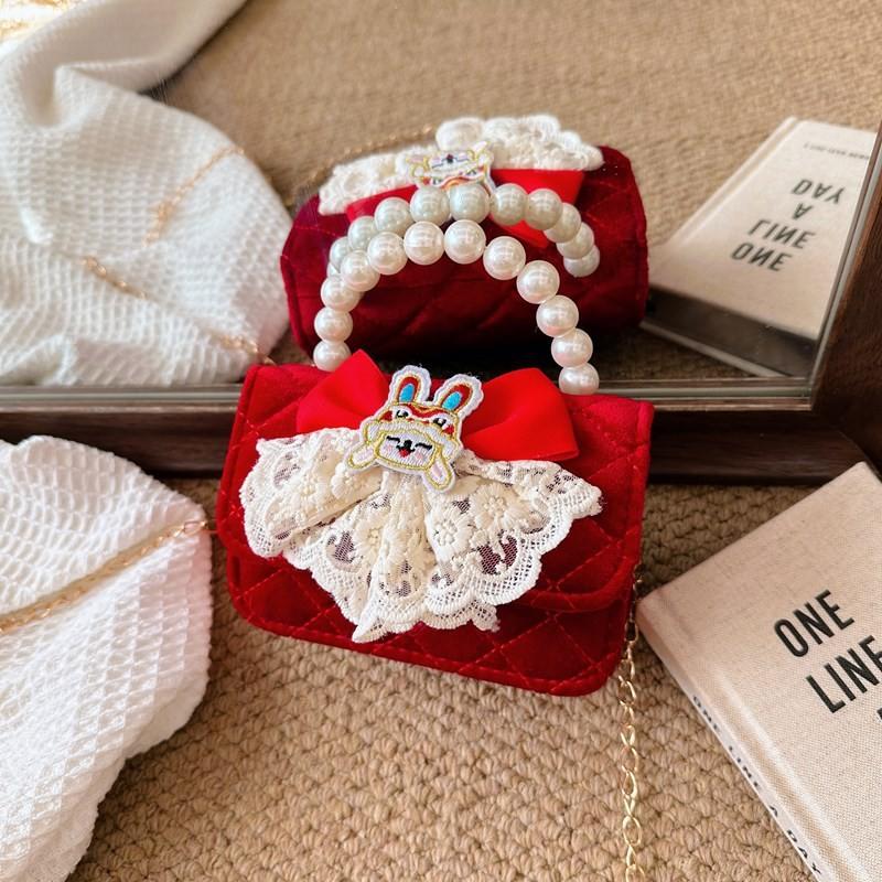 Red Delightful Cute Bowknot Childrens Handbag With Trendy Chain And Pearl Handle