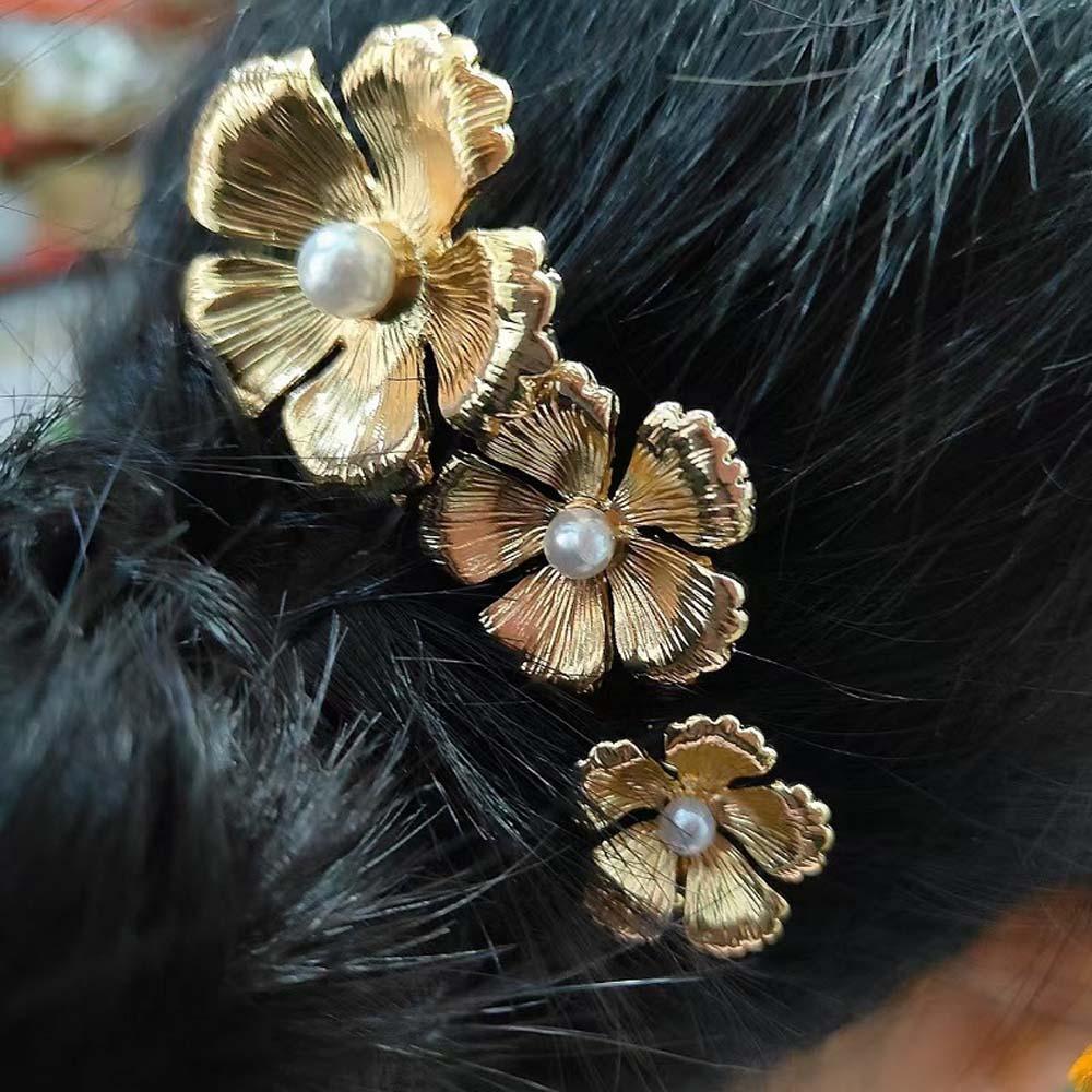 5pcs Hairstyle Tools Golden Flower Hair Forks Retro Wave Zinc Zinc Alloy Barrettes Pearl Side Clips Daily