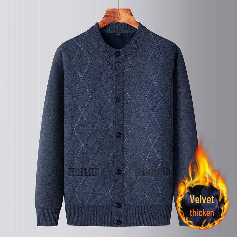 Men's Plus Velvet Knit Cardigan: Warm, Thick Sweater for Middle-aged and Elderly, Perfect for Autumn and Winter