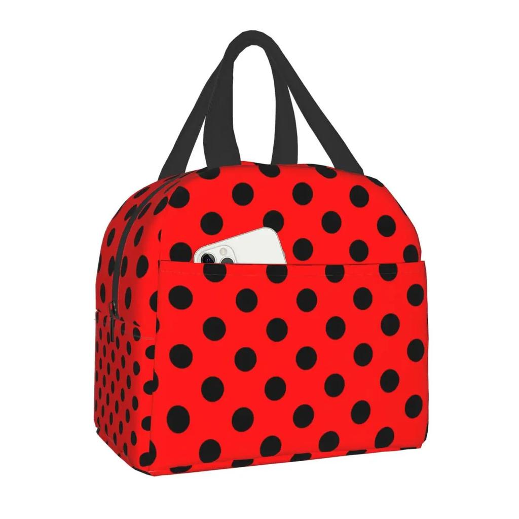 Black and White Polka Dots Lunch for Women | Portable Insulated Thermal Cooler Lunch Box Work School Travel Picnic Bags, Oxford