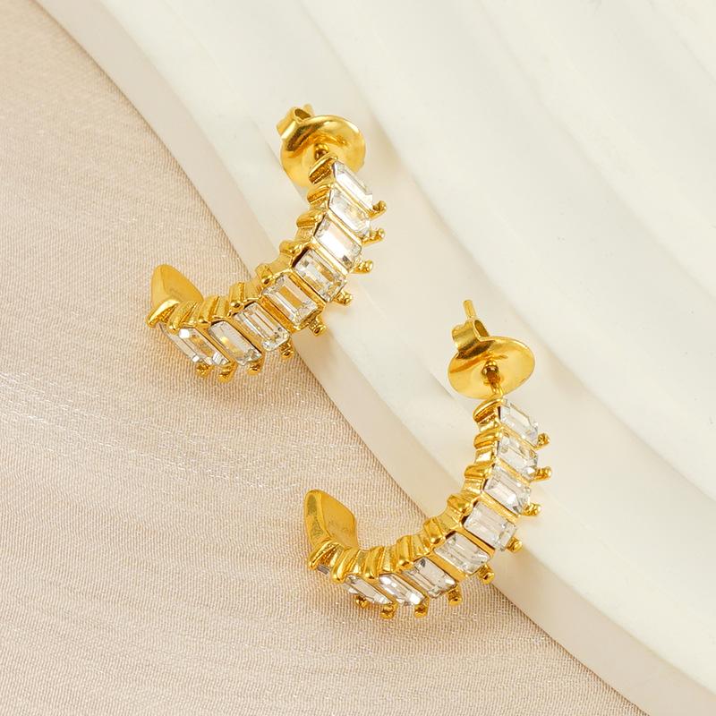 Новые серьги-арки C-образной формы из нержавеющей стали с бриллиантами для женщин - Дизайн в стиле легкой роскоши