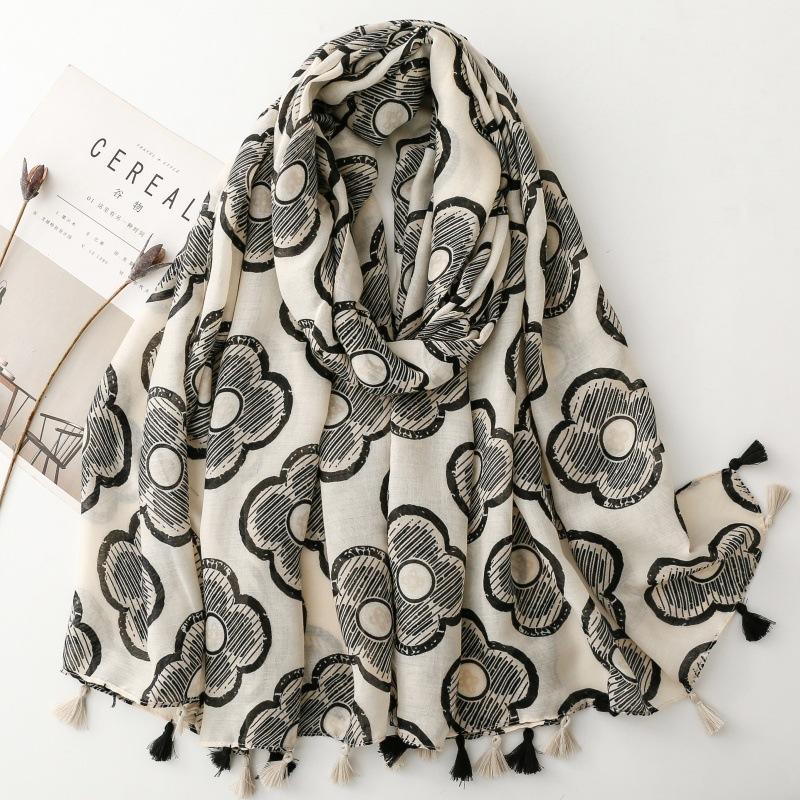 Viscose Scarf Women Shawl Cotton Linen Feeling Tassels Four-Leaf Clover Pattern Muslim Hijab Wrap Summer Beach Sunscreen