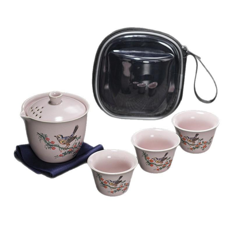 Flower Sparrow Ceramic Travel Tea Set Kung Fu Set Portable Event Gifts