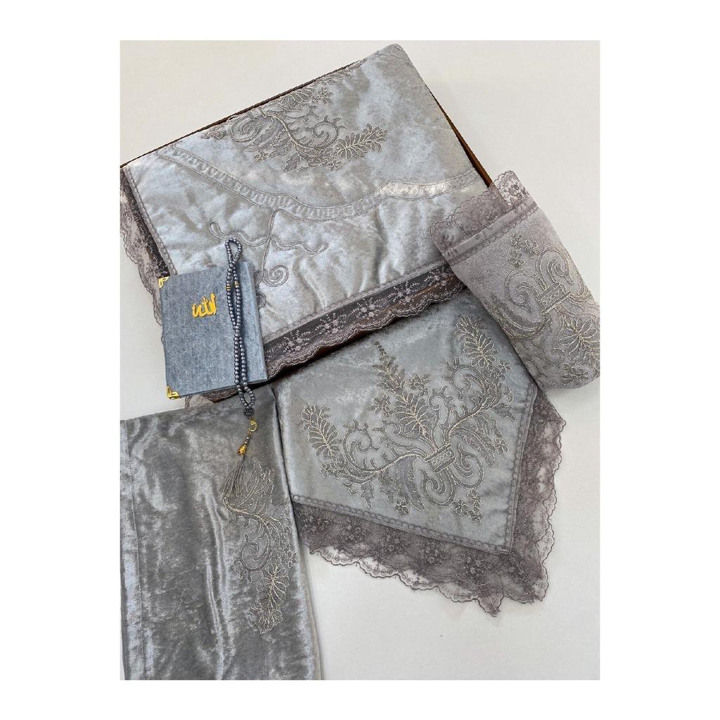 6 Piece Prayer Rug Set, Dowry Bundle Boxed, Velvet Laced Bride And Groom Set