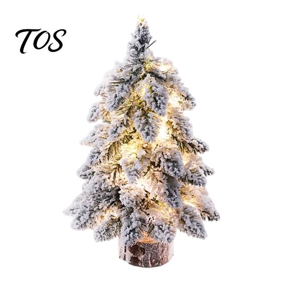 Indoor Small Decorative Pine Trees Mini Flocked Christmas Tree with LED Lights, Tabletop Nordic Holiday Party Home Office Decoration Wood Base, Rustic
