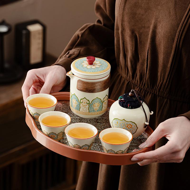 Travel set Outdoor kung fu teapot Portable high-end Ru kiln ancient rhyme camping tea drinking equipment Enterprise printing