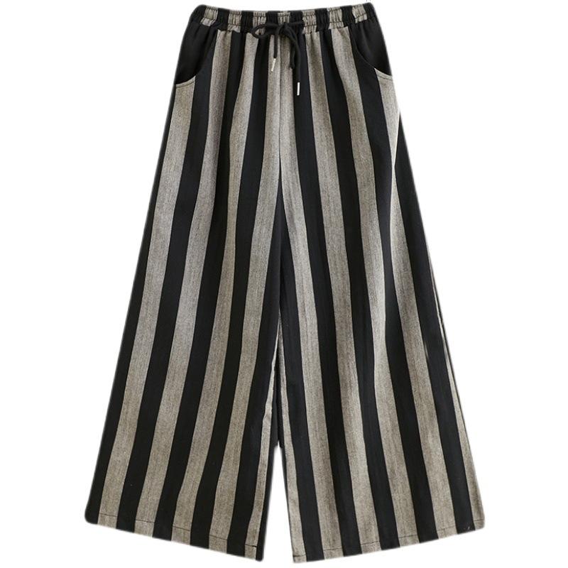 Spring Autumn Ladies Cotton Linen Trousers Retro Casual Pocket Stripe Wide Leg Pants for Women