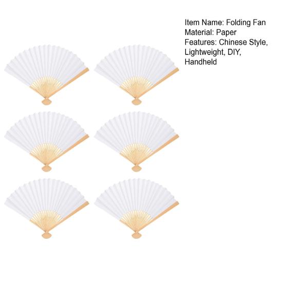 6 Pcs White Paper Hand Fan Handheld Bamboo Folding Fan Chinese Style Line Dancing Fans for Wedding Party DIY Decoration