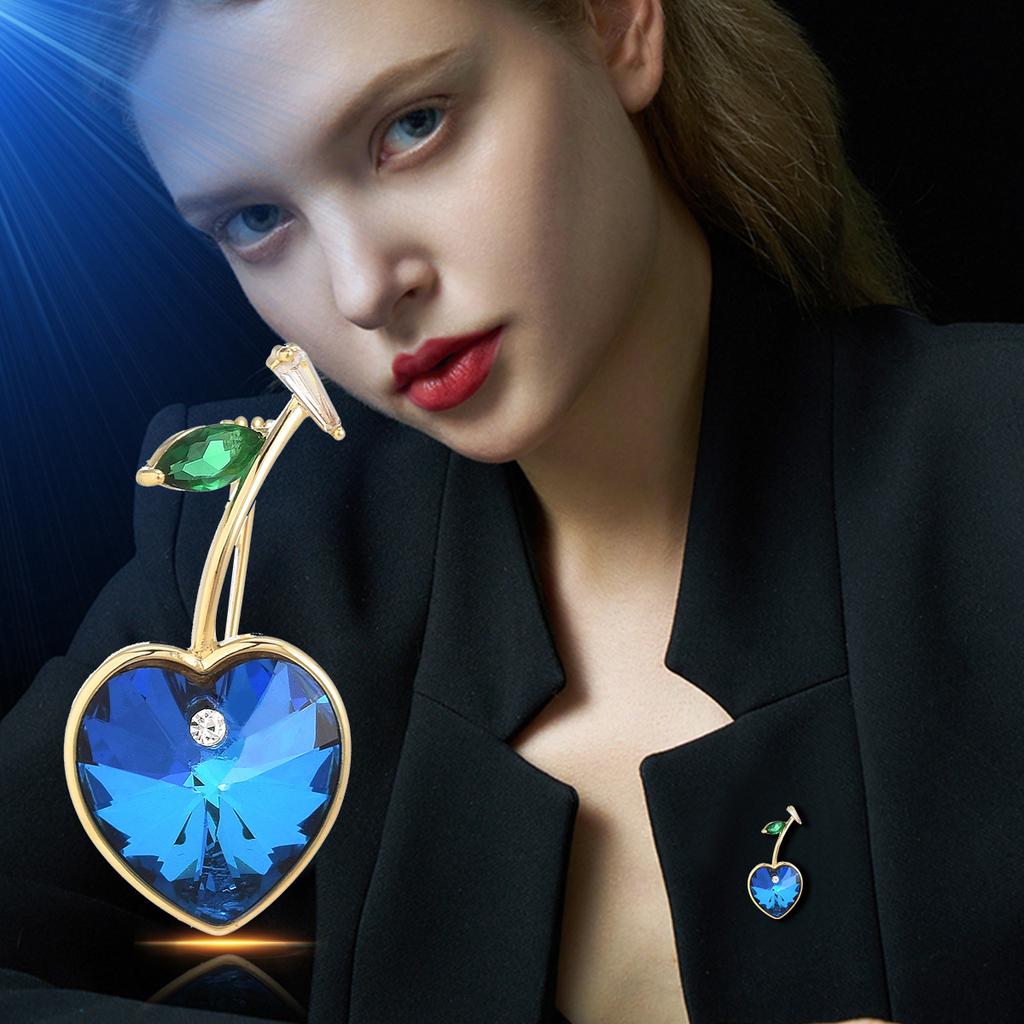 Female Fashion Blue Crystal Heart Brooches For Women Luxury Gold Color Alloy Zircon Plant Brooch Safety Pins