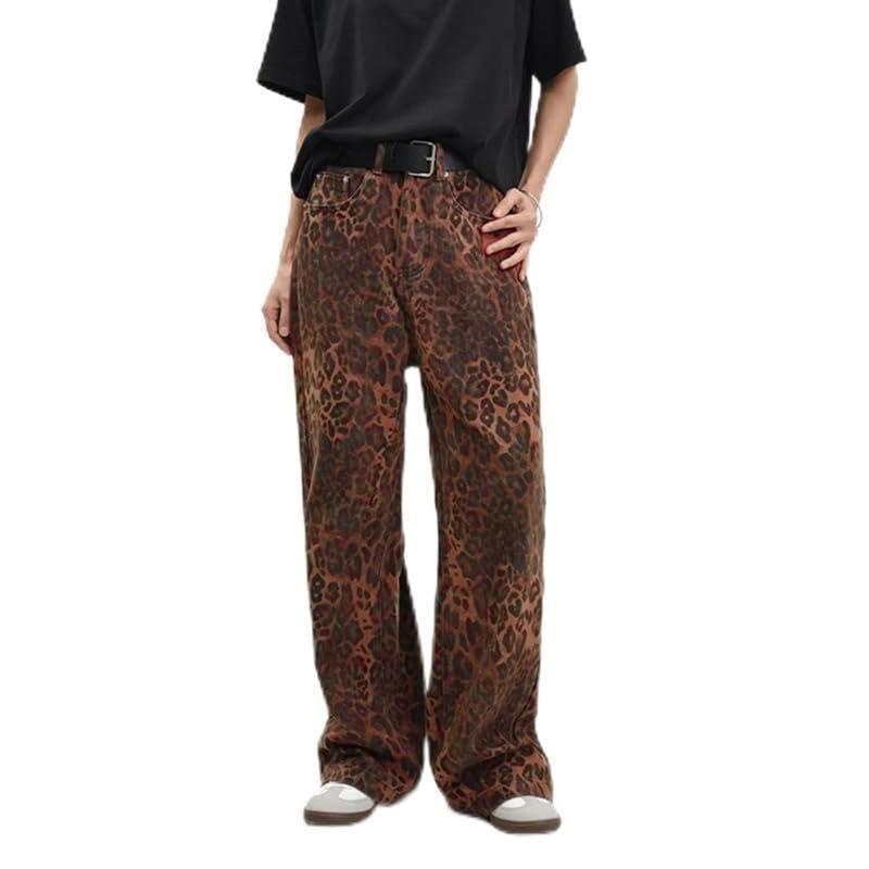 American Vintage Leopard Print Jeans Slim Straight Loose Wide Leg Casual Trousers