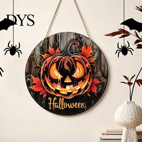 Autumn Atmosphere Hanging Ornament Halloween Wooden Door Hanger Sign, Flame Pumpkin Maple Leaf Printed Round Plaque, Hemp Rope Decor Waterproof