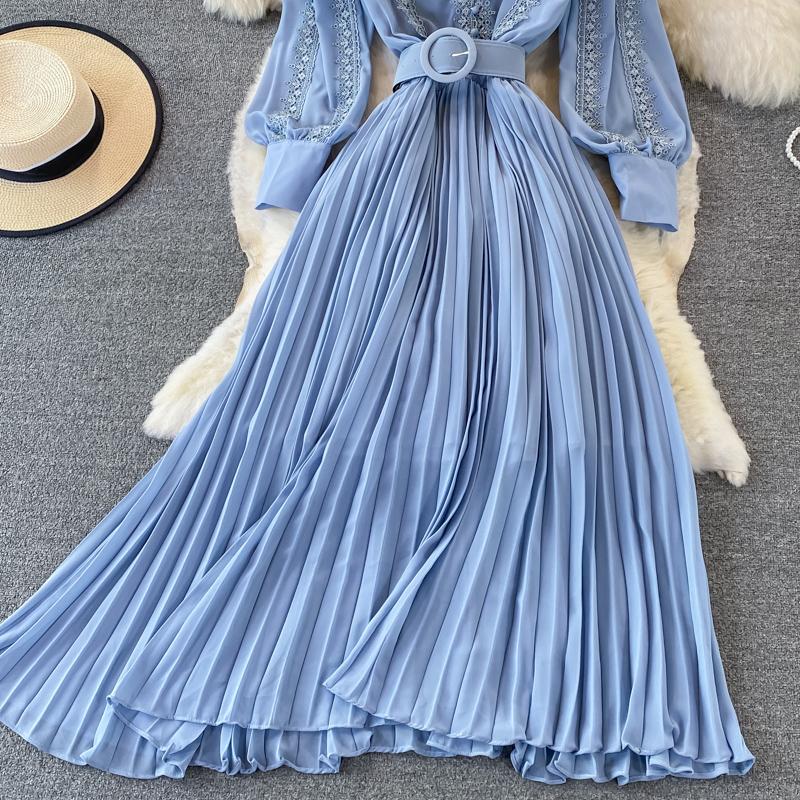 RUGOD Плиссированное платье с v-образным вырезом и вышивкой на талии в этническом стиле, темпераментное большое распашное платье