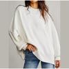 Women Crewneck Batwing Long Sleeve Sweaters Autumn Oversized Ribbed Knit Side Slit Pullover