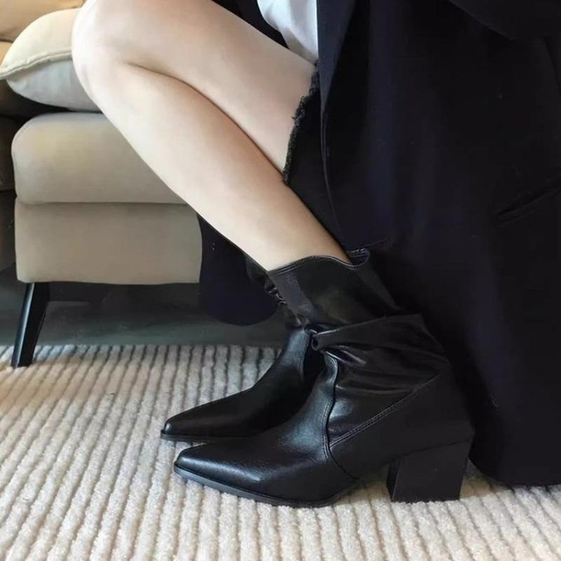 Модные Новые Роскошные Женские Кожаные Сапоги для Женщин Осень Зима на Массивном Каблуке Ковбойские Сапоги Женские Свободные Голенища до Середины Икры Плиссированные Западные Сапоги