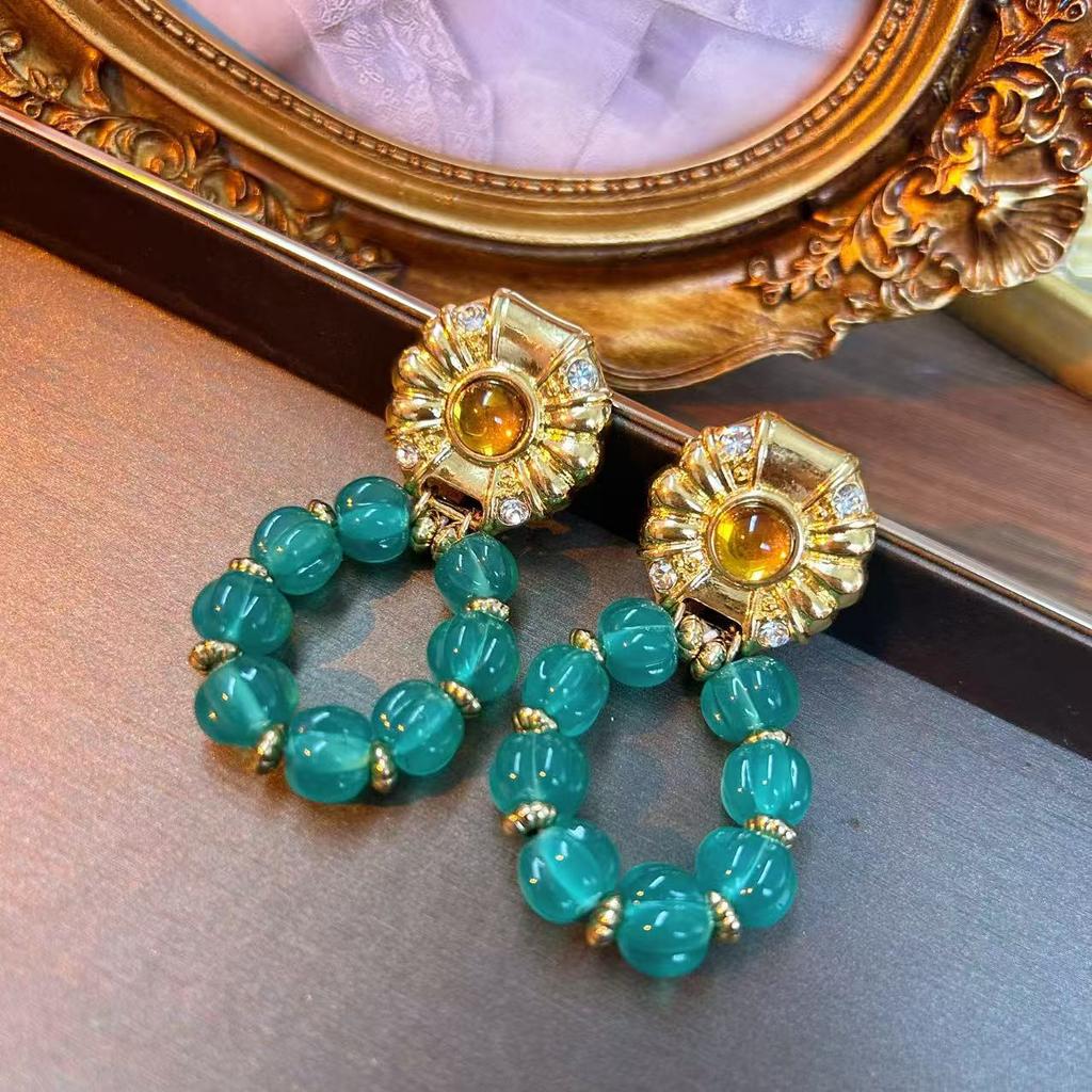 Glazed Bead Earrings Medieval Vintage National Style Retro Literary Beaded Green Earrings