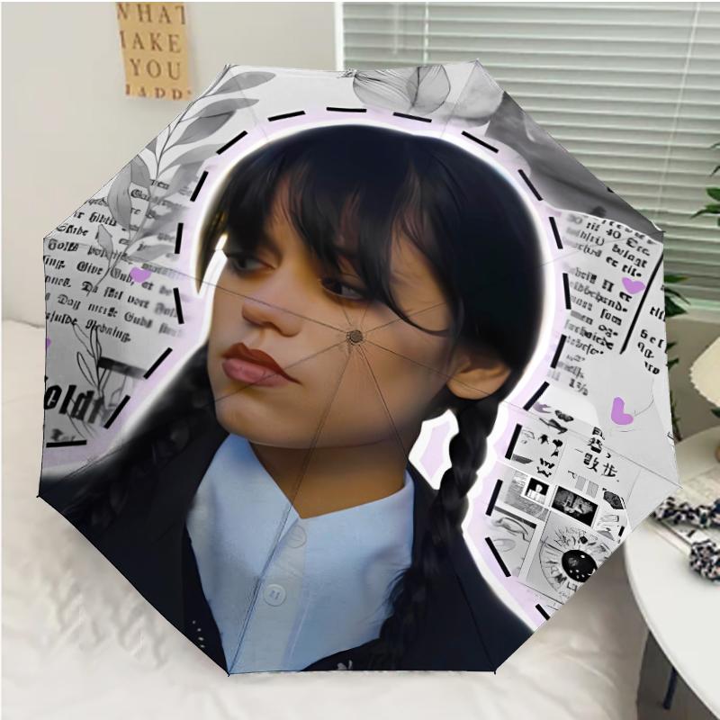 Wednesday Addams Print Automatic Umbrella, 8 Rib Iron Frame, Plastic Handle, Suitable for Outdoor Travel &Daily , Ideal Gift