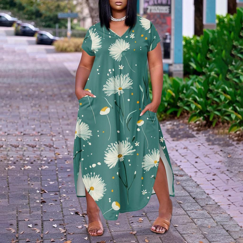 Женское платье макси с цветочным принтом, летнее повседневное платье с коротким рукавом, сарафан с V-образным вырезом, длинные платья с карманами, пляжный отдых