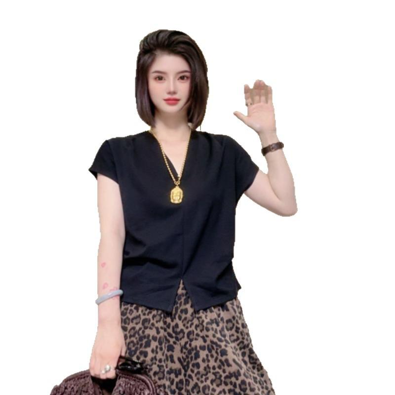 Summer new pleated waist design is thin and versatile women's short-sleeved top