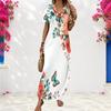 Women Plus Size V Neck Short Sleeve Floral Butterfly Print White Straight Long Dress