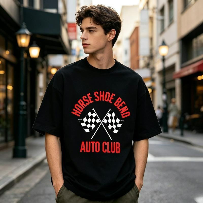 Unisex Streetwear Tshirt Horse Shoe Bend Auto Club Print Racing Flag Retro American Casual Street Tee
