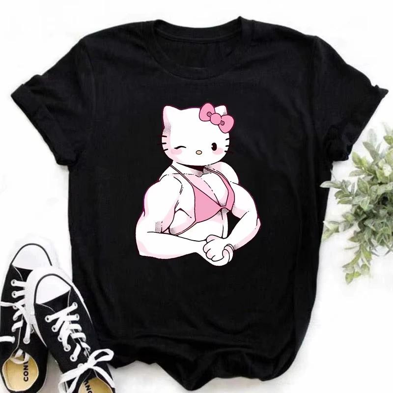 Мышечные Sanrioes Женская футболка Аниме HelloKitties Cinnamon Kuromis Веселая модель Мультяшная одежда Повседневная хлопковая футболка для пар