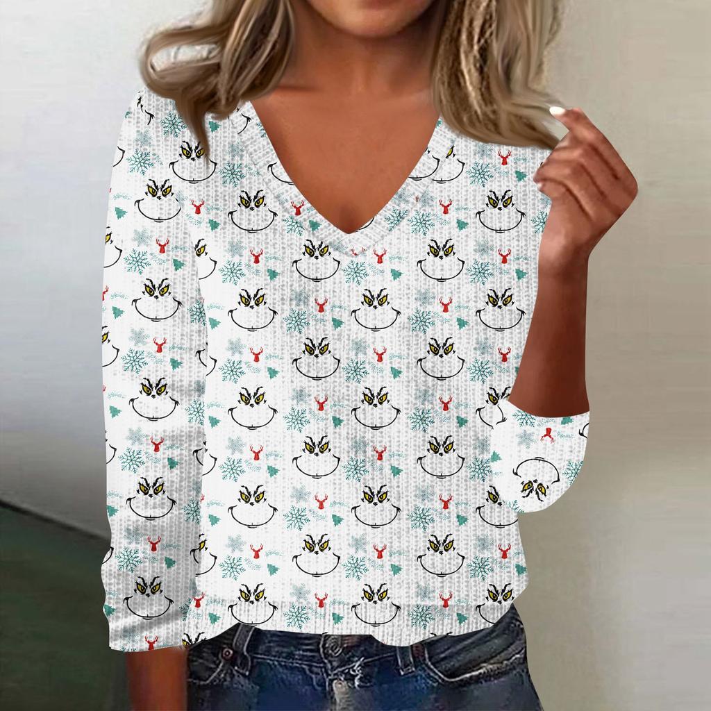 Women's Cute Sweatshirt Knitted Fashion Casual V-neck Long-sleeved Cozy Print Top