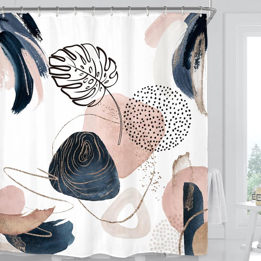 Abstract Leaves Shower Curtain Set Emerald Green Modern Tropical Mid Century Simple Minimalist Chic Polyester Waterproof Cloth