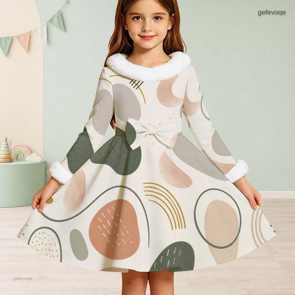Girls Furry Trim Crew Neck Long Sleeve Printed Bow A Line Flared Dress