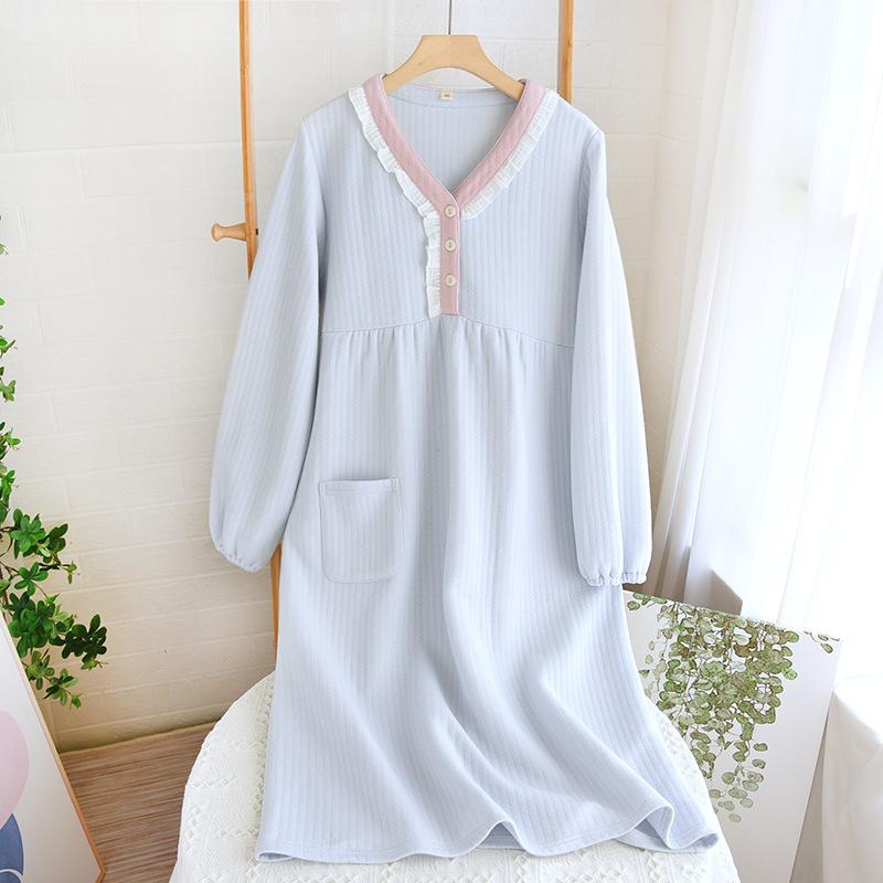 Осень и зима Новая женская длинная юбка утолщенная термо ночная рубашка 100% хлопок хлопковый зажим с длинным рукавом домашнее платье пижамы