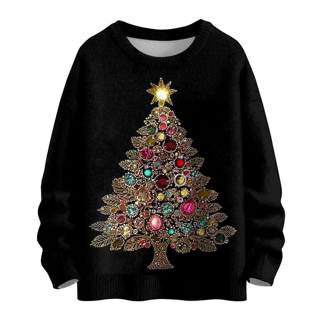 Ladies' Fashionable Casual Long Sleeved Christmas Printed Round Neck Knitted Yarn