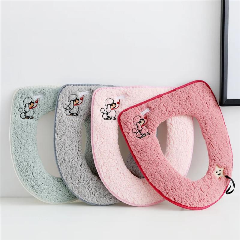 2 шт./комплект, мультяшная подушка для сиденья унитаза, зимний домашний плюшевый теплый чехол для унитаза, универсальный водонепроницаемый чехол-молния с ручкой