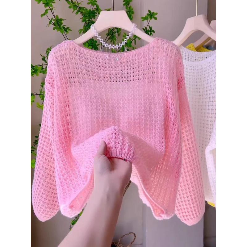 Spring and Summer New Hollow Thin Crew Neck Knitted Sweater Top Loose Lazy Wind Sunscreen Blouse Pullover Woman