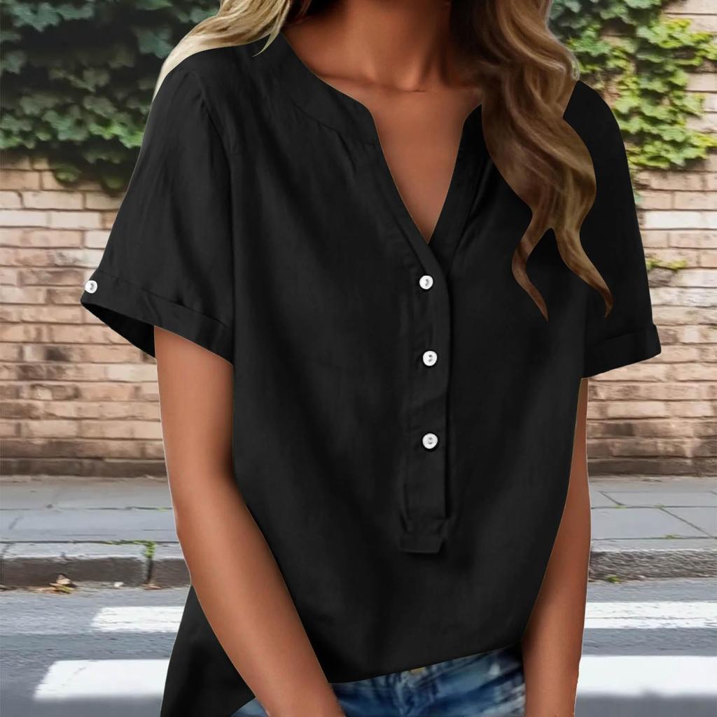 Модная женская льняная рубашка с V-образным вырезом, на пуговицах, с полуоткрытым дизайном, модная короткорукавная блузка, цветной топ