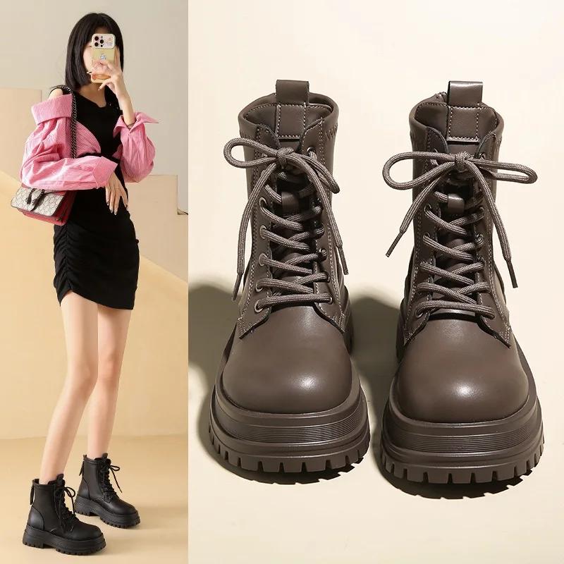 2024New Women's Boots Fashion Outdoor Casual Leather Boot Winter Plush Warm Cotton Boots for Womon Zipper Ankle Boot Botas Mujer
