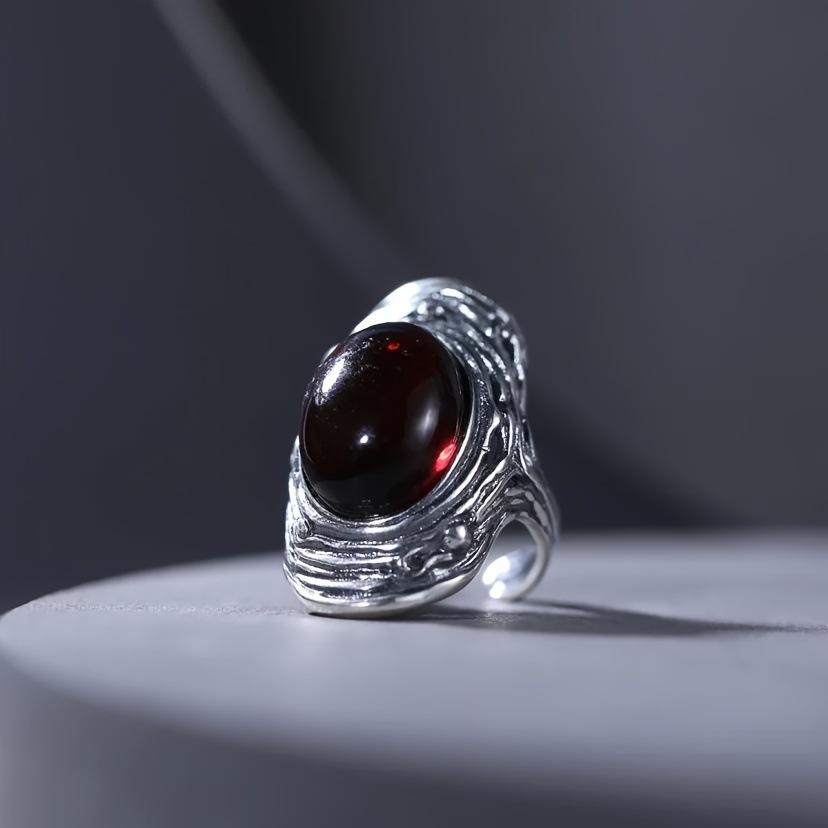Vintage oval imitation blood pool agate opening adjustable personalized ring accessories