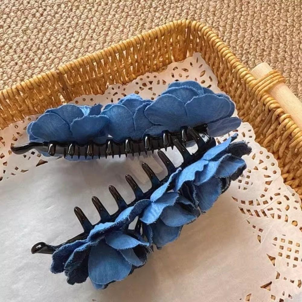 Denim Blue Women Vertical Clip Camellia Floral Twisted Hair Clip Flower Banana Clips Daily