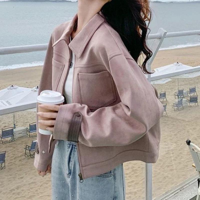 Женская розовая замшевая куртка - Весна/Осень 2025 Свободный повседневный универсальный стиль