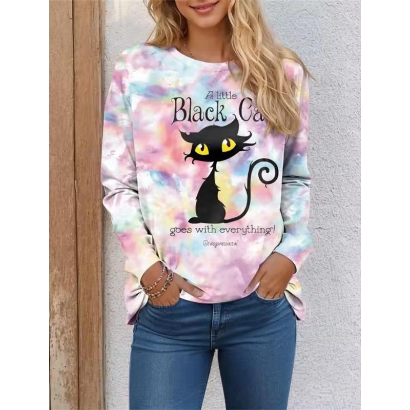 Women's T Shirt 3D Print Cat Butterfly Colorful Design Long Sleeve Daily Weekend Fashion Round Neck Regular Fit