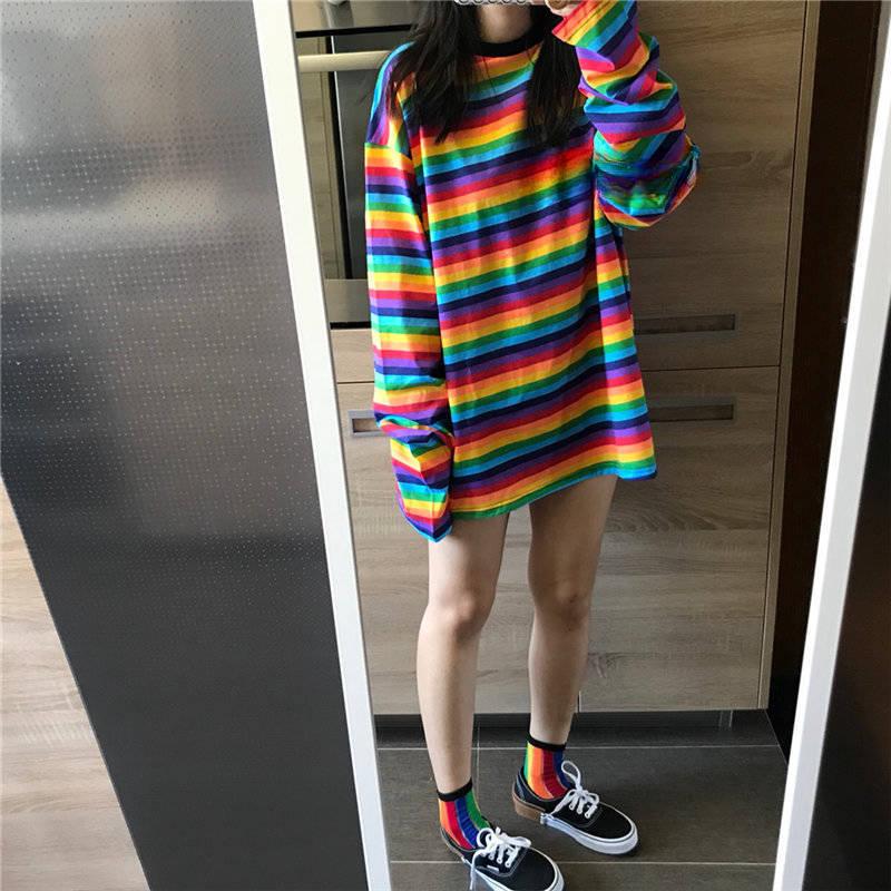 New Rainbow Striped Early Autumn Women's Top Long Sleeve T-shirt Women's Top Korean Version Harajuku Hong Style