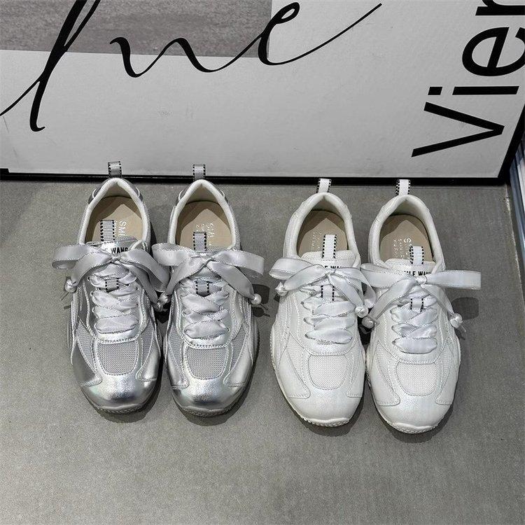 Fashion Riband Women's German Training Shoes Mix Order 2025 Summer Pearl Mesh Breathable Forrest Gump Shoes Soft Sole Silver and White