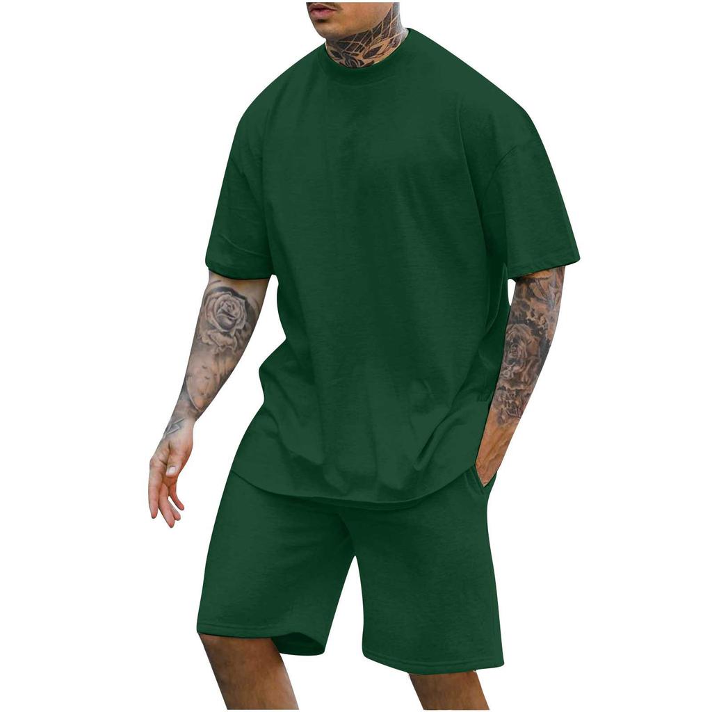New Men's Round Neck Drop Shoulder Short-sleeved T-shirt Top Shorts Two-piece Fashion Sports and Leisure Suit