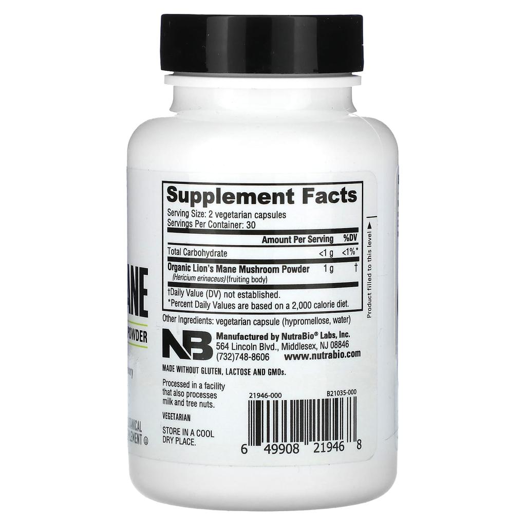 NutraBio Органический гриб «Вертолетник гривистый», 60 капсул