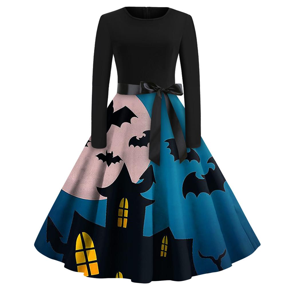 Women's Fashion Round Neck Casual Slim Fit Halloween Printed Long Sleeve Dress