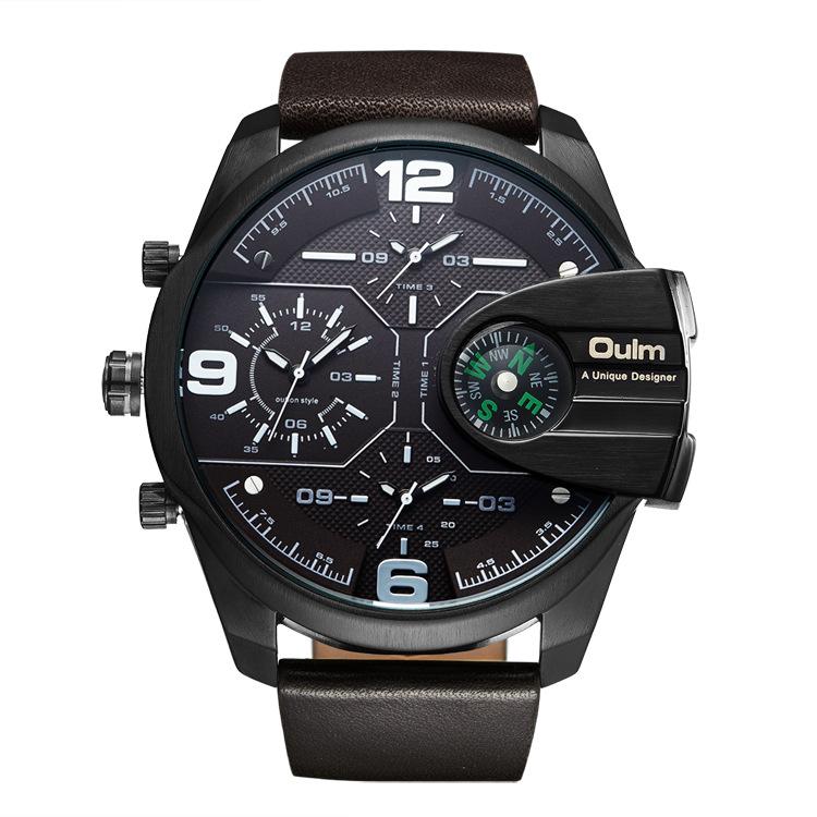 Мужские часы OOULM, большой циферблат, несколько часовых поясов, повседневные кожаные часы, компас3388