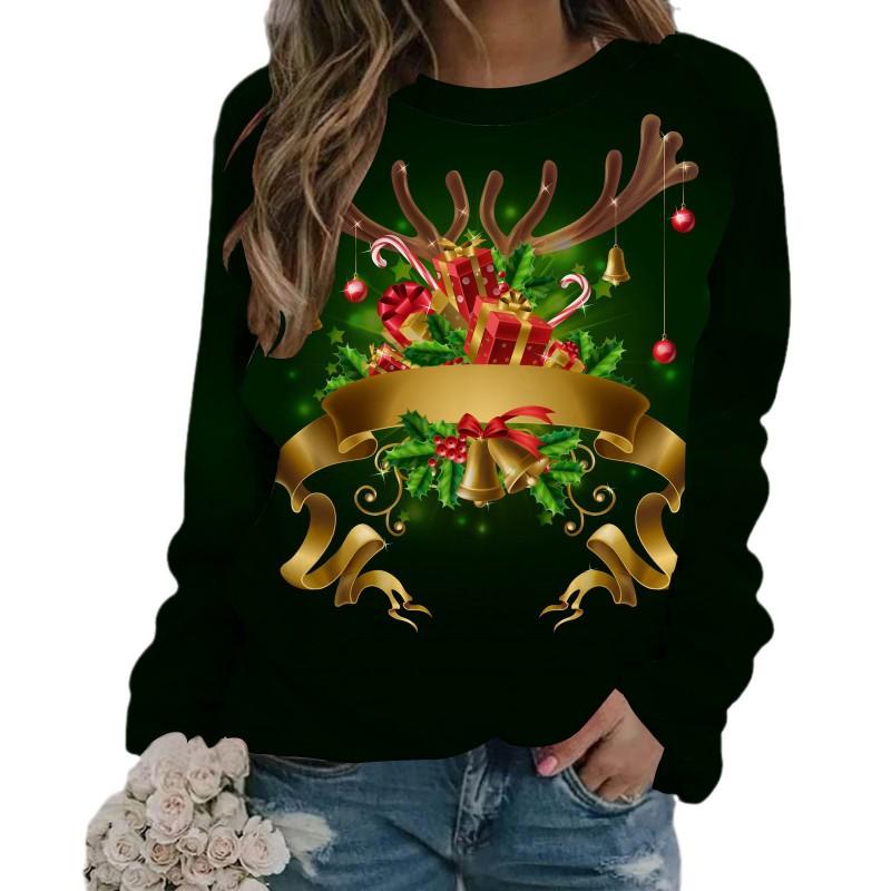 Womens Christmas Elk Print Crewneck Sweatshirt Casual Long Sleeve Top